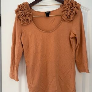 H&M Women's Tan Ruffle-Shoulder Scoop Neck Top